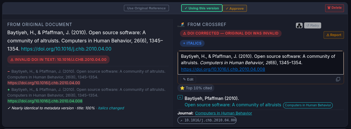 RefRunner showing an invalid DOI corrected, with the Crossref version alongside the original