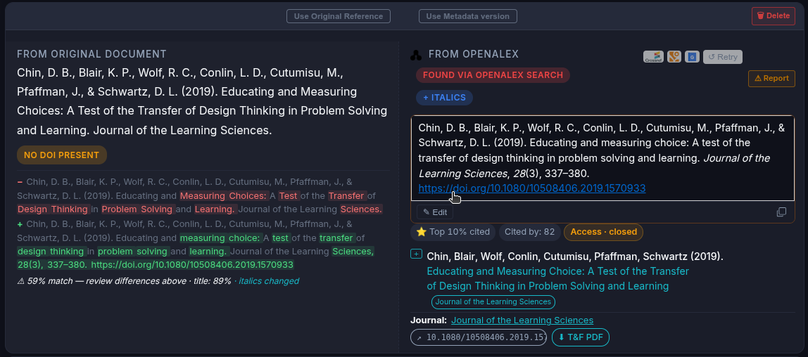 RefRunner finding a reference with no DOI via OpenAlex, with title differences highlighted and a 59% match score