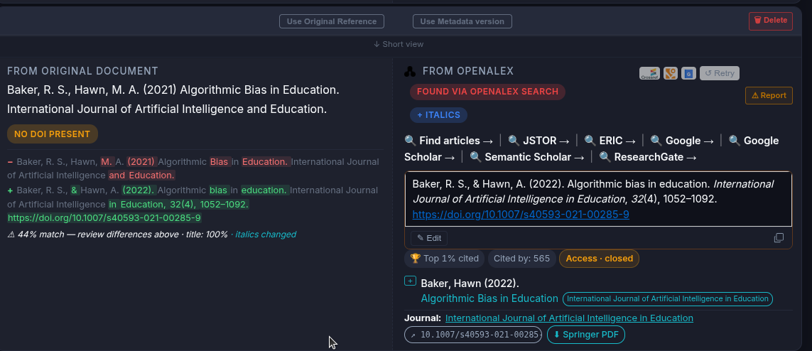 RefRunner finding a reference via OpenAlex with a 44% match, correcting the year and adding volume, issue, and page numbers from the published version